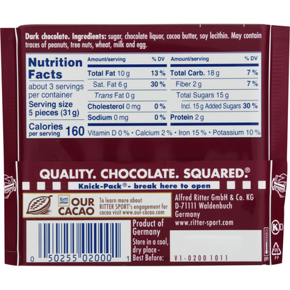 Ritter Sport Dark Chocolate, 50% Cacao