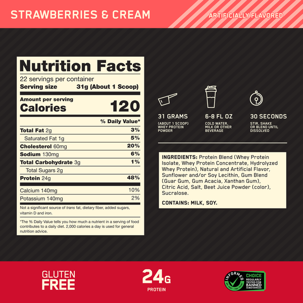 Optimum Nutrition Gold Standard Whey, Strawberries &amp; Cream, 1.5 Lb Tub  DestGlow