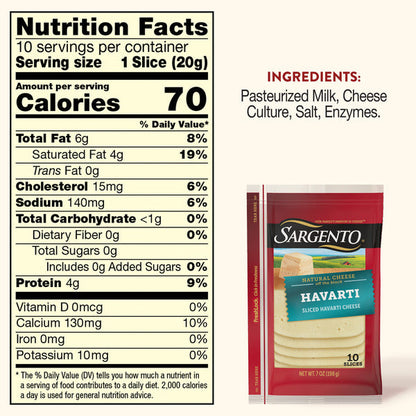 Sargento Natural Havarti Sliced Cheese, 10 Slices