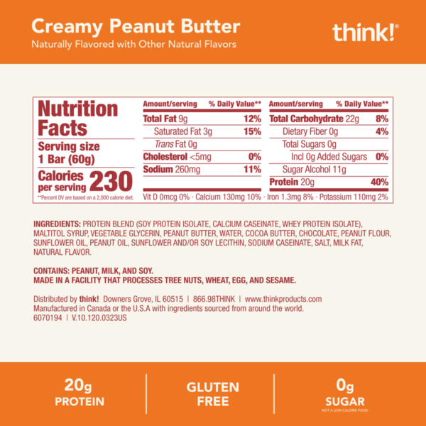 think! High Protein Bar, 20g Protein, Creamy Peanut Butter  DestGlow