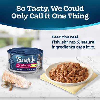Blue Buffalo Tastefuls Natural Flaked Wet Cat Food, Fish &amp; Shrimp Entrée in Gravy