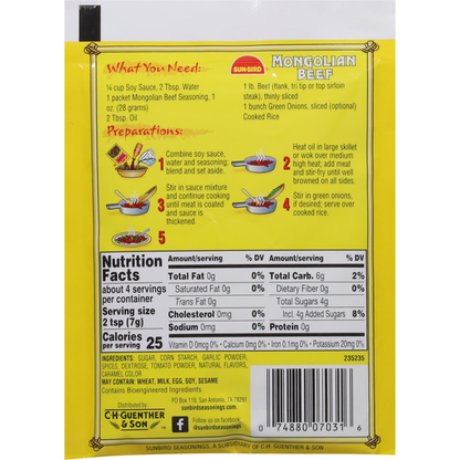 Sun-Bird Mongolian Beef Seasoning Mix