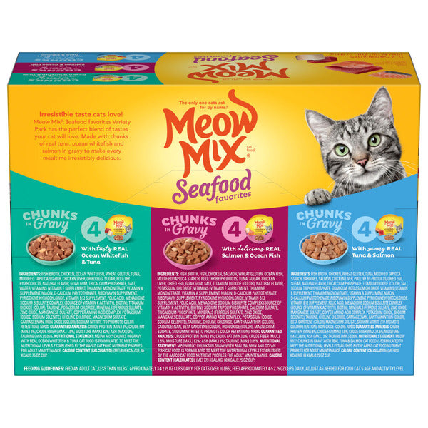 Meow Mix Seafood Favorites Chunks in Gravy Variety Pack Cat Food, 12 Cups  DestGlow
