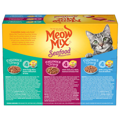 Meow Mix Seafood Favorites Chunks in Gravy Variety Pack Cat Food, 12 Cups  DestGlow
