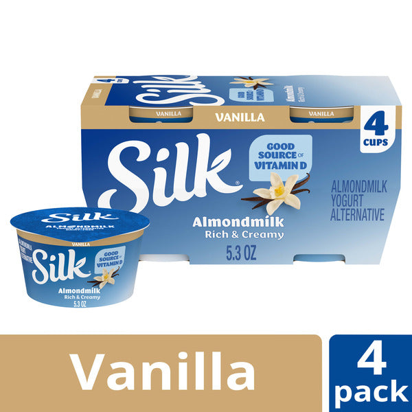 Silk Vanilla Dairy Free, Almond Milk Yogurt Alternative, Rich and Creamy Plant Based Yogurt with 5 Grams of Protein, 4 Ct, 5.3 OZ Containers  DestGlow