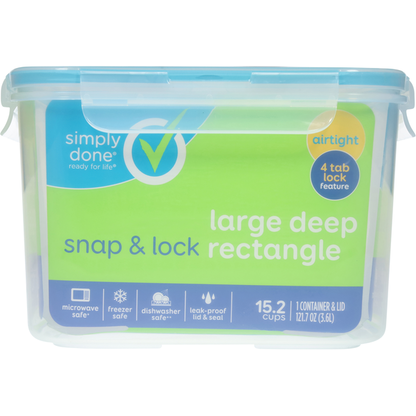 Simply Done Container &amp; Lid, Snap &amp; Lock, Large, Deep Rectangle, 121.7 Ounce