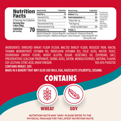 Sara Lee Sourdough, Bread, Half Loaf, Sandwich Bread, 12 oz