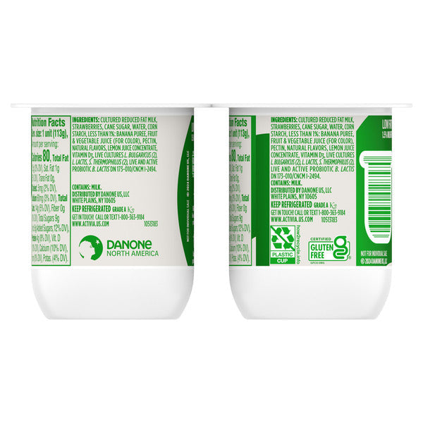 Activia Strawberry Banana Probiotic Yogurt, Delicious Low Fat Yogurt Cups to Help Support Gut Health, 4 oz, 4 Count