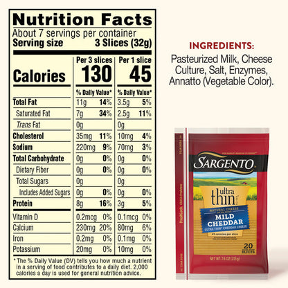 Sargento Ultra Thin® Natural Mild Cheddar Cheese Slices, 20 Slices