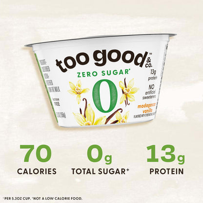 Too Good &amp; Co. Zero Sugar Vanilla Yogurt-Cultured Ultra-Filtered Low Fat Milk Product, Gluten Free, Keto Friendly, 5.3 OZ Cup