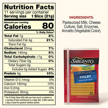 Sargento Natural Colby Sliced Cheese, 11 Slices