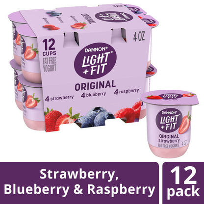 Dannon Light + Fit Nonfat Yogurt, Strawberry/Blueberry/Raspberry, Gluten-Free, 12 Pack