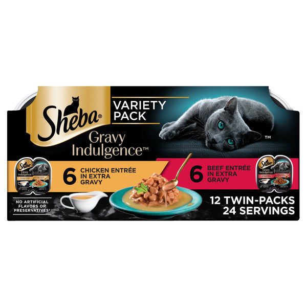 SHEBA PERFECT PORTIONS Gravy Indulgence Wet Cat Food in Extra Gravy Variety Pack, 2.6 oz. Twin-Pack Trays, 24 Count