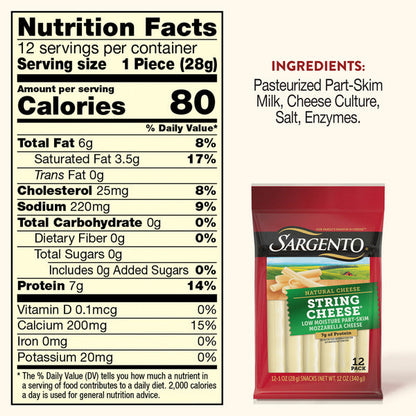 Sargento Natural Mozzarella String Cheese Sticks, 12-Count