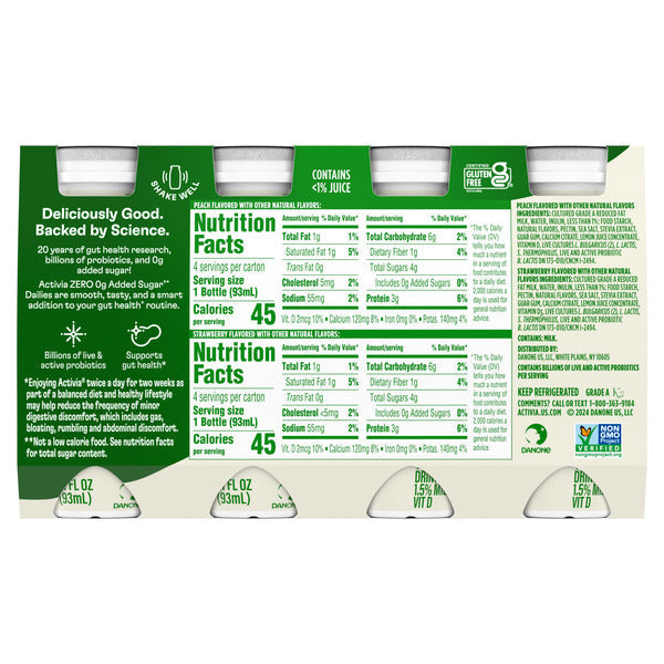 Activia ZERO 0g Added Sugar Peach and Strawberry Probiotic Dailies, Low Fat Probiotic Yogurt Drinks With 0g Added Sugar to Help Support Gut Health, 3.1 fl oz, 8 Count