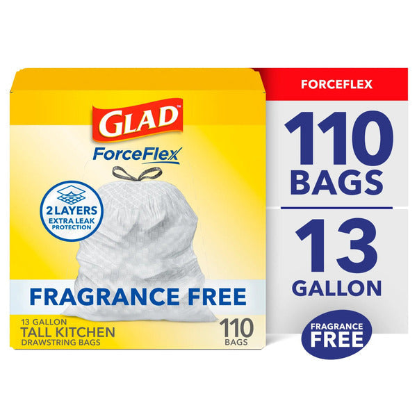 Glad ForceFlex Tall Kitchen Drawstring Trash Bags, 13 Gallon, Fragrance Free