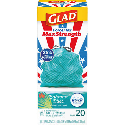 Glad ForceFlex MaxStrength Tall Trash Bags, 13 Gallon, Bahama Bliss with Febreze