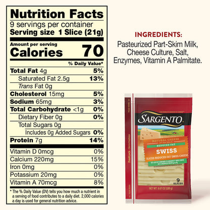 Sargento Reduced Fat Natural Swiss Sliced Cheese, 9 Slices