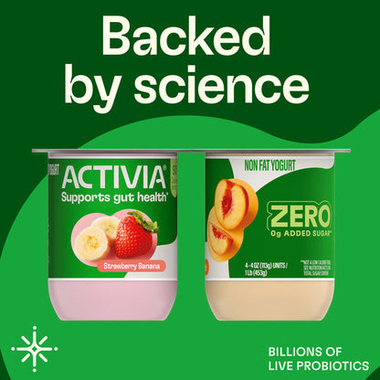 Activia Zero 0g Added Sugar Strawberry Banana &amp; Peach Probiotic Nonfat Yogurt Cups, 4 oz, 12 Count