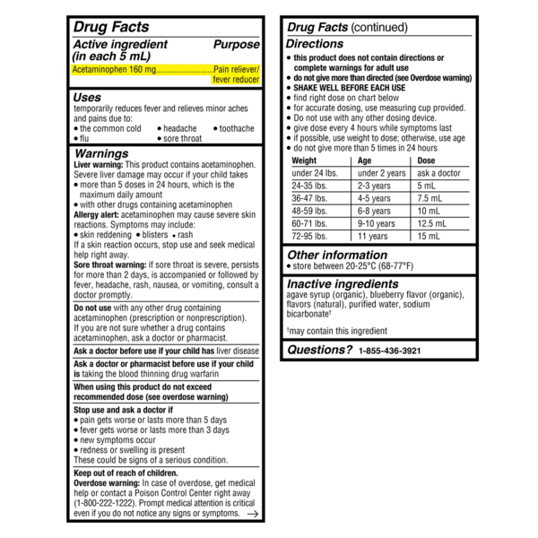 Genexa Kids Pain &amp; Fever Acetaminophen, Organic Blueberry Flavor