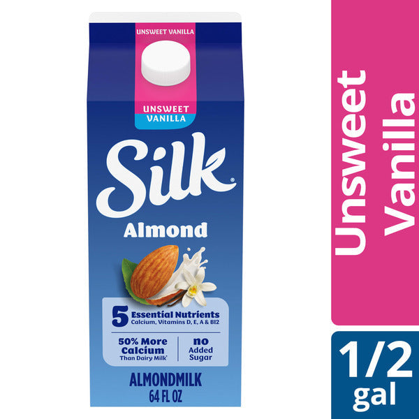 Silk Almond Milk, Unsweet Vanilla, Dairy Free, Gluten Free, Seriously Creamy Vegan Plant Based Milk with 5 Essential Nutrients, 64 fl oz Half Gallon  DestGlow