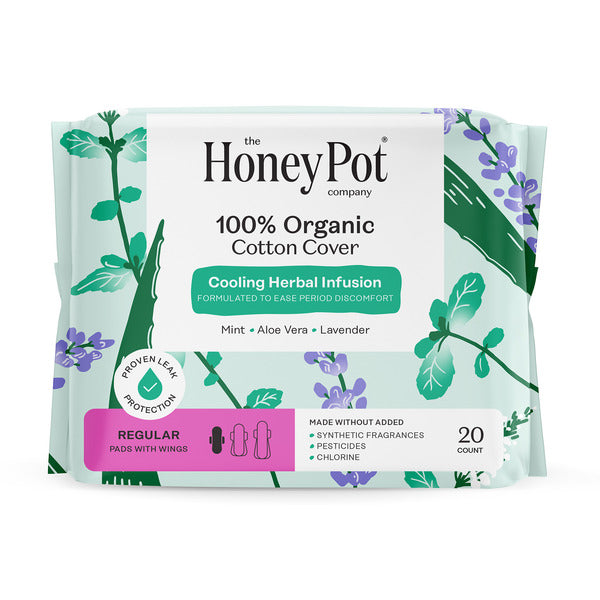 The Honey Pot Company 100% Organic Cotton Cover Cooling Herbal Infusion Regular Pads  DestGlow