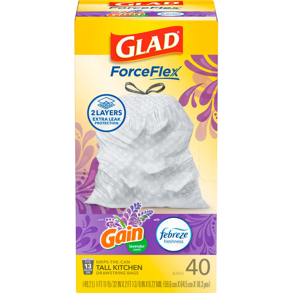 Glad ForceFlex Tall Kitchen Trash Bags, 13 Gallon, Gain Lavender with Febreze  DestGlow