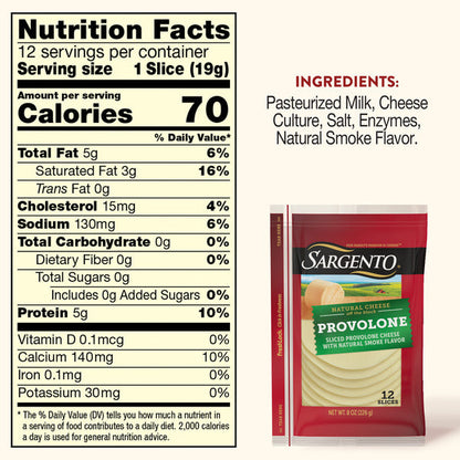 Sargento Natural Provolone with Natural Smoke Flavor Sliced Cheese, 12 Slices