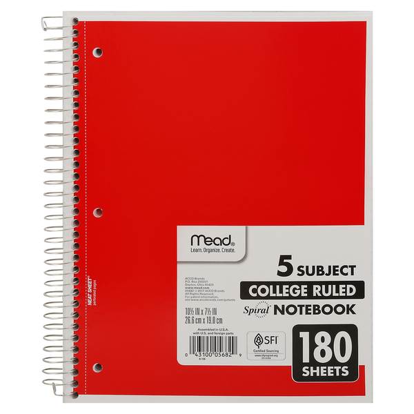 Mead Notebook, Spiral, 5 Subject, College Ruled, 180 Sheets  DestGlow