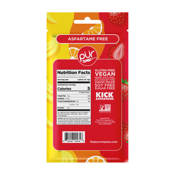 PUR Jumbo Gum Natural Strawberry, Banana, Orange Flavored Gum, 100% Xylitol