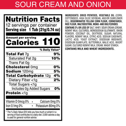 Pringles Snack Cups Sour Cream and Onion Potato Crisps Chips, Lunch Snacks, Snack Cups, 12 Count