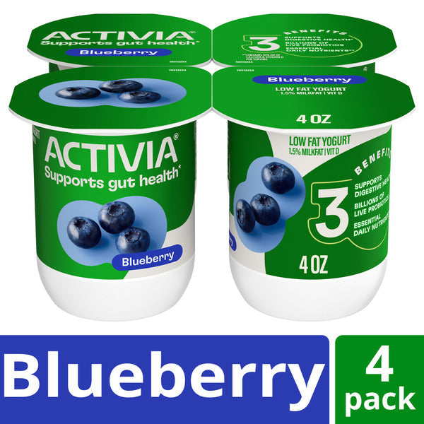 Activia Blueberry Probiotic Yogurt, Delicious Low Fat Yogurt Cups to Help Support Gut Health, 4 oz, 4 Count  DestGlow