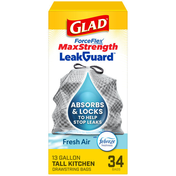 Glad ForceFlex MaxStrength LeakGuard Tall Kitchen Trash Bags, 13 Gallon, Fresh Air  DestGlow