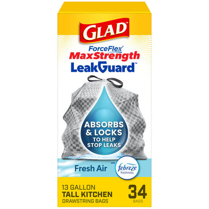 Glad ForceFlex MaxStrength LeakGuard Tall Kitchen Trash Bags, 13 Gallon, Fresh Air