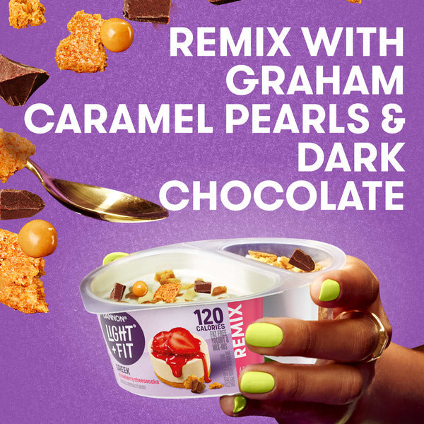 Dannon Light + Fit REMIX Strawberry Cheesecake Nonfat Greek Yogurt with Graham Cookies, Caramel Pearls and Dark Chocolate Mix-Ins