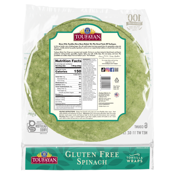 Toufayan Bakeries Spinach Gluten Free Tortilla Wraps