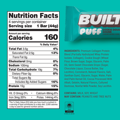 BUILT Puff Protein Bar, Cookie Dough Chunk, 4ct Box