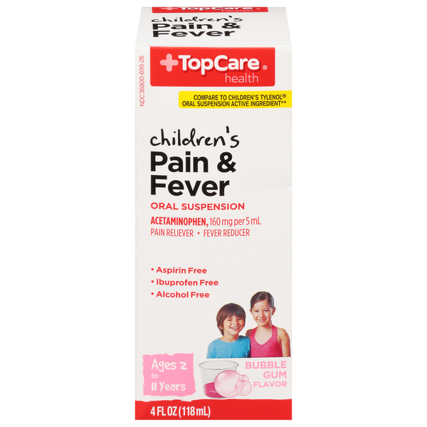 TopCare Pain &amp; Fever, 160 mg, Oral Suspension, Bubble Gum Flavor, Children&