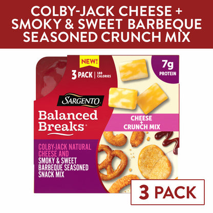 Sargento Balanced Breaks® Cheese + Crunch Mix Colby-Jack Natural Cheese and Smoky &amp; Sweet BBQ Seasoned Snack Mix of Pretzels, Roasted Cashews, Corn Sticks, Corn Kernels, Toasted Bread Chips, Snack, 3-Pack  DestGlow