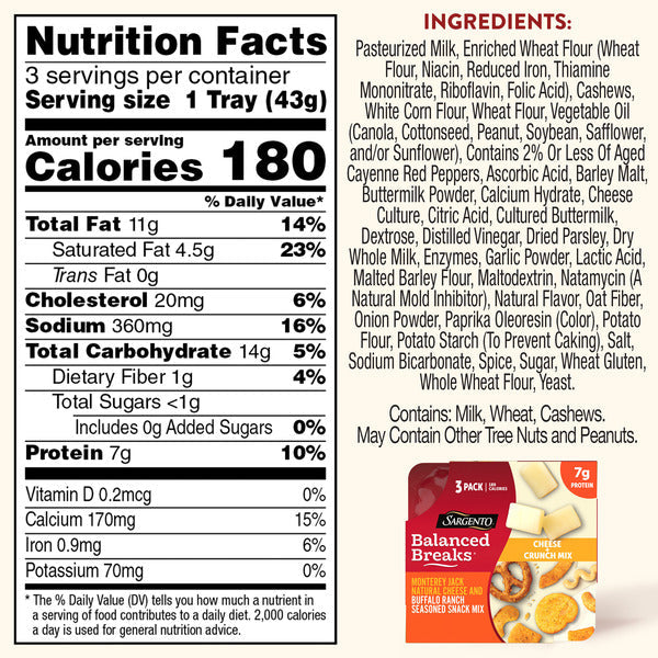 Sargento Balanced Breaks® Cheese + Crunch Mix Monterey Jack Natural Cheese and Buffalo Ranch Seasoned Snack Mix of Pretzels, Roasted Cashews, Corn Sticks, Toasted Bread Chips, Pita Chips, 3-Pack  DestGlow