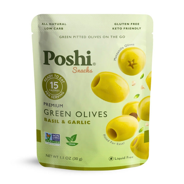 Poshi Basil &amp; Garlic Pitted Green Olives