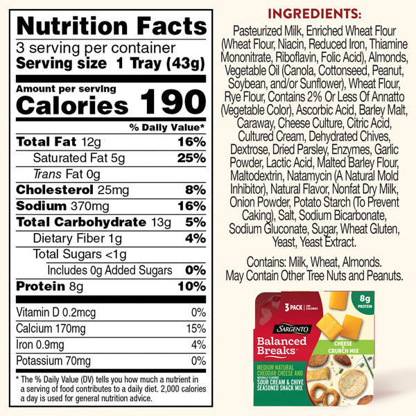 Sargento Balanced Breaks® Cheese + Crunch Mix Medium Natural Cheddar Cheese and Naturally Flavored Sour Cream &amp; Chive Seasoned Snack Mix of Pretzels, Rye Chips, Roasted Almonds, Toasted Bread Chips, Bread Sticks Snack, 3-Pack