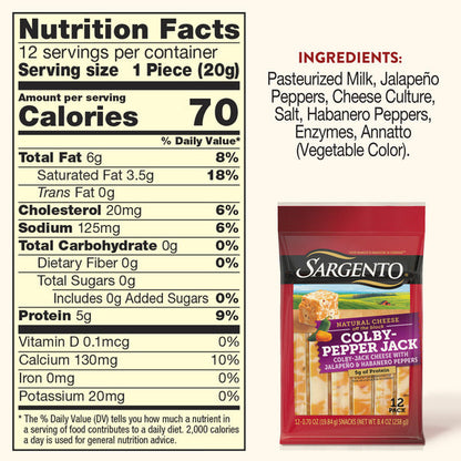 Sargento Natural Colby-Pepper Jack Cheese Sticks, 12-Count