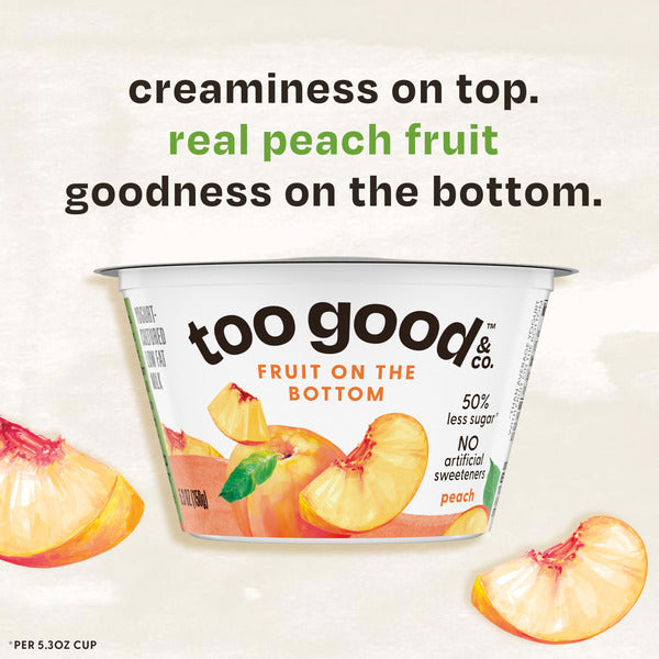 Too Good &amp; Co. Fruit on the Bottom Peach Yogurt-Cultured Low Fat Milk Product, Smooth and Creamy Adult Snacks with Real Fruit, 5.3 oz Cup
