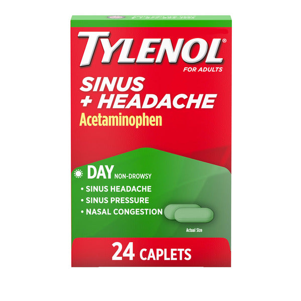 TYLENOL Sinus + Headache Daytime Non-Drowsy Relief Caplets, Acetaminophen 325mg, Nasal Decongestant for Sinus Pressure, Headache &amp; Nasal Congestion Relief, 24 ct
