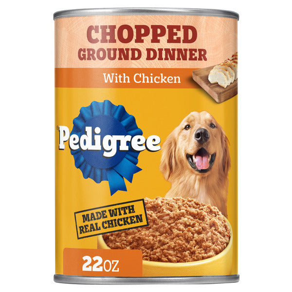 Pedigree Chopped Ground Dinner Adult Soft Wet Dog Food With Chicken, (12) 22 oz. Cans