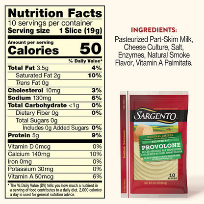 Sargento Reduced Fat Natural Provolone with Natural Smoke Flavor Sliced Cheese, 10 Slices