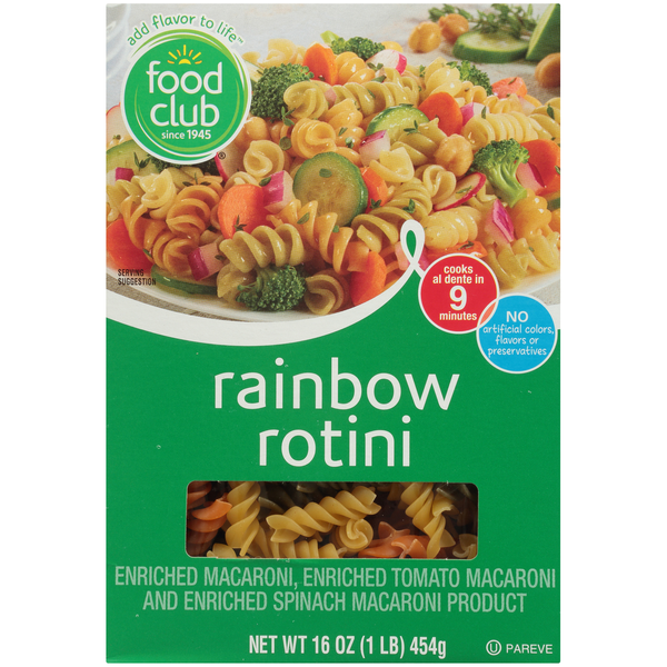 Food Club Enriched Tomato And Spinach Macaroni Product, Rainbow Rotini  DestGlow