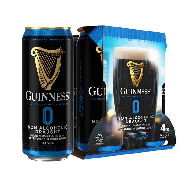Guinness 0 Draught Non-Alcoholic Import Beer, 4 pack Cans, 14.9 fl oz, less than 0.5% ABV  DestGlow