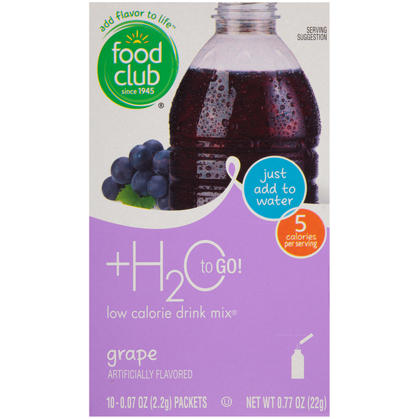 Food Club +H2O To Go!, Grape Low Calorie Drink Mix  DestGlow